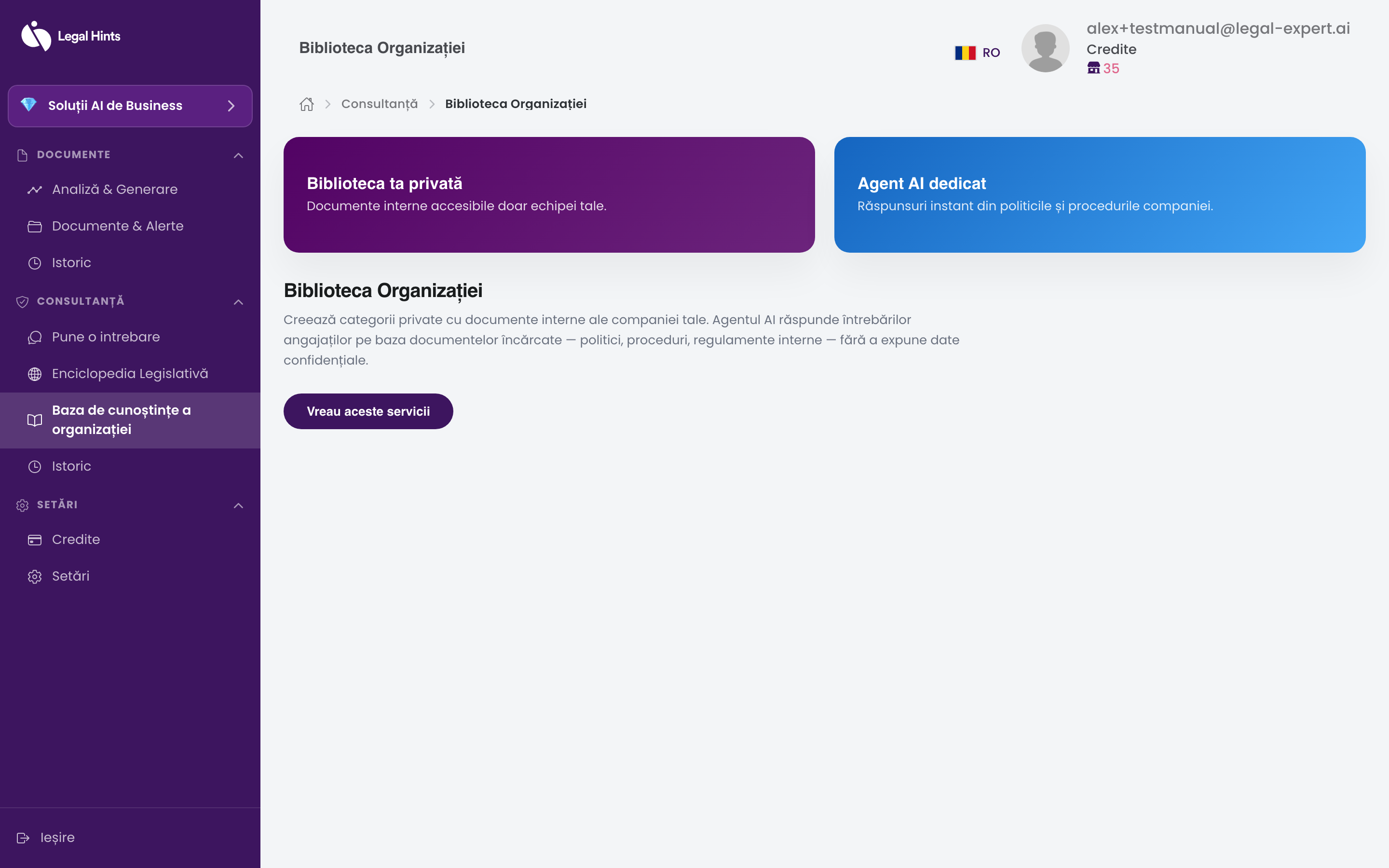 Secțiunea bazei interne cu opțiunea de contact / solicitare
