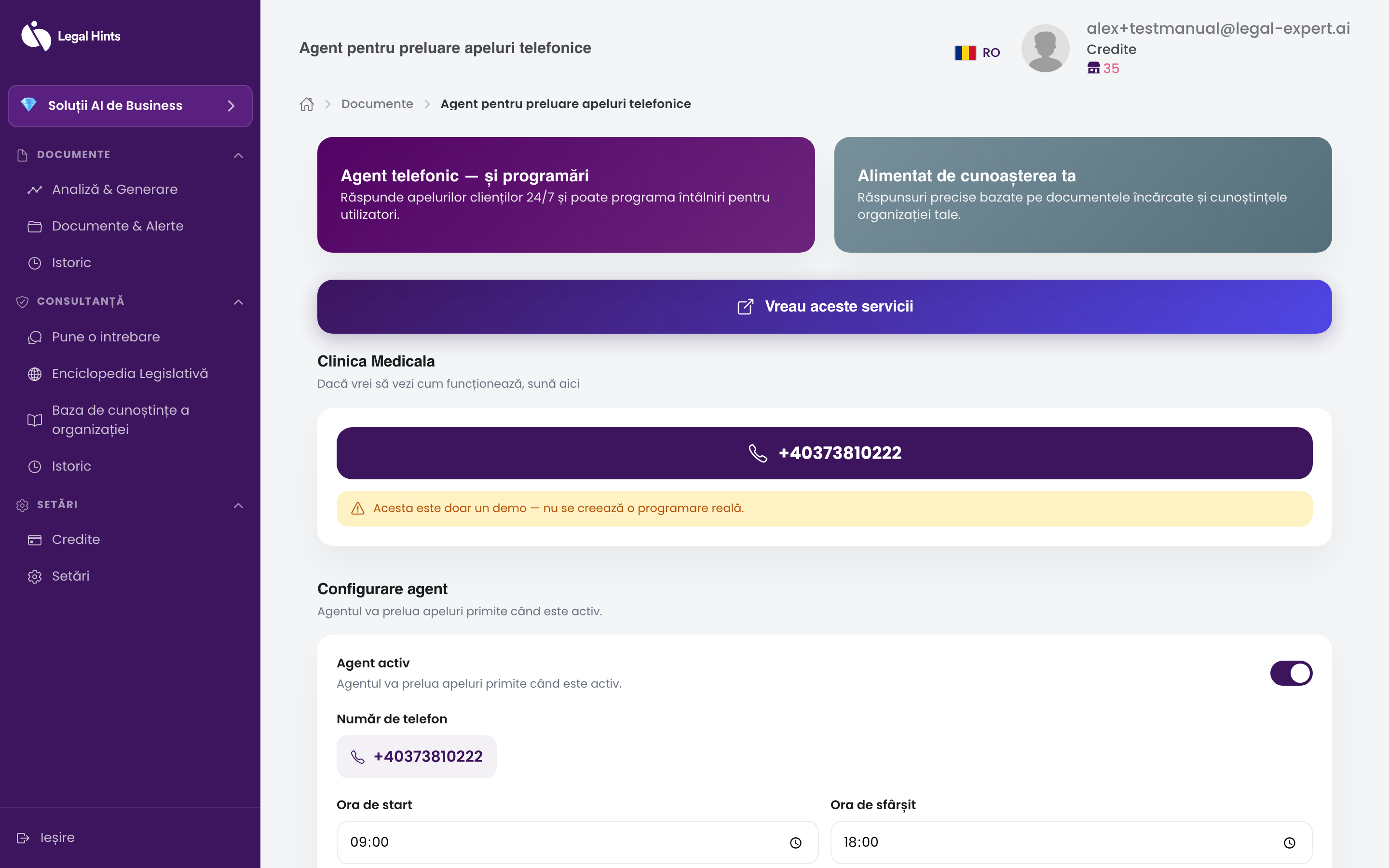 Cardul „Agent telefonic” din secțiunea Servicii business