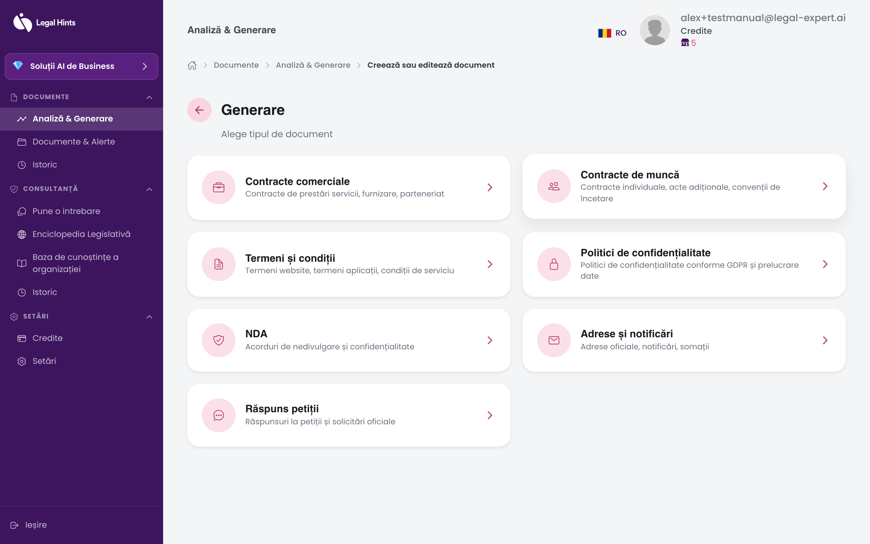 Lista tipurilor de documente disponibile pentru generare