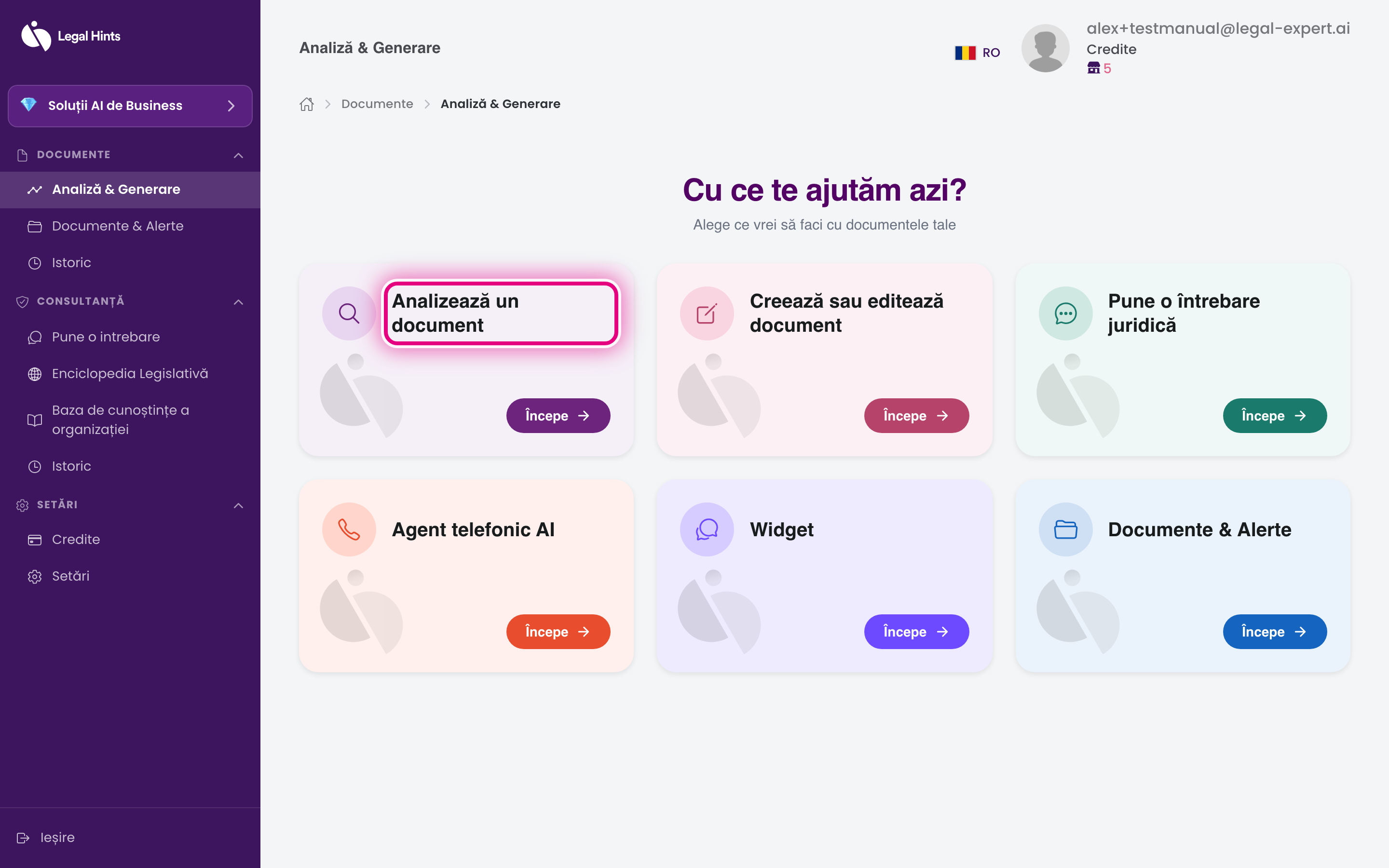 Hub-ul „Analiză & Generare“, cu cardul „Analizează un document“ evidențiat