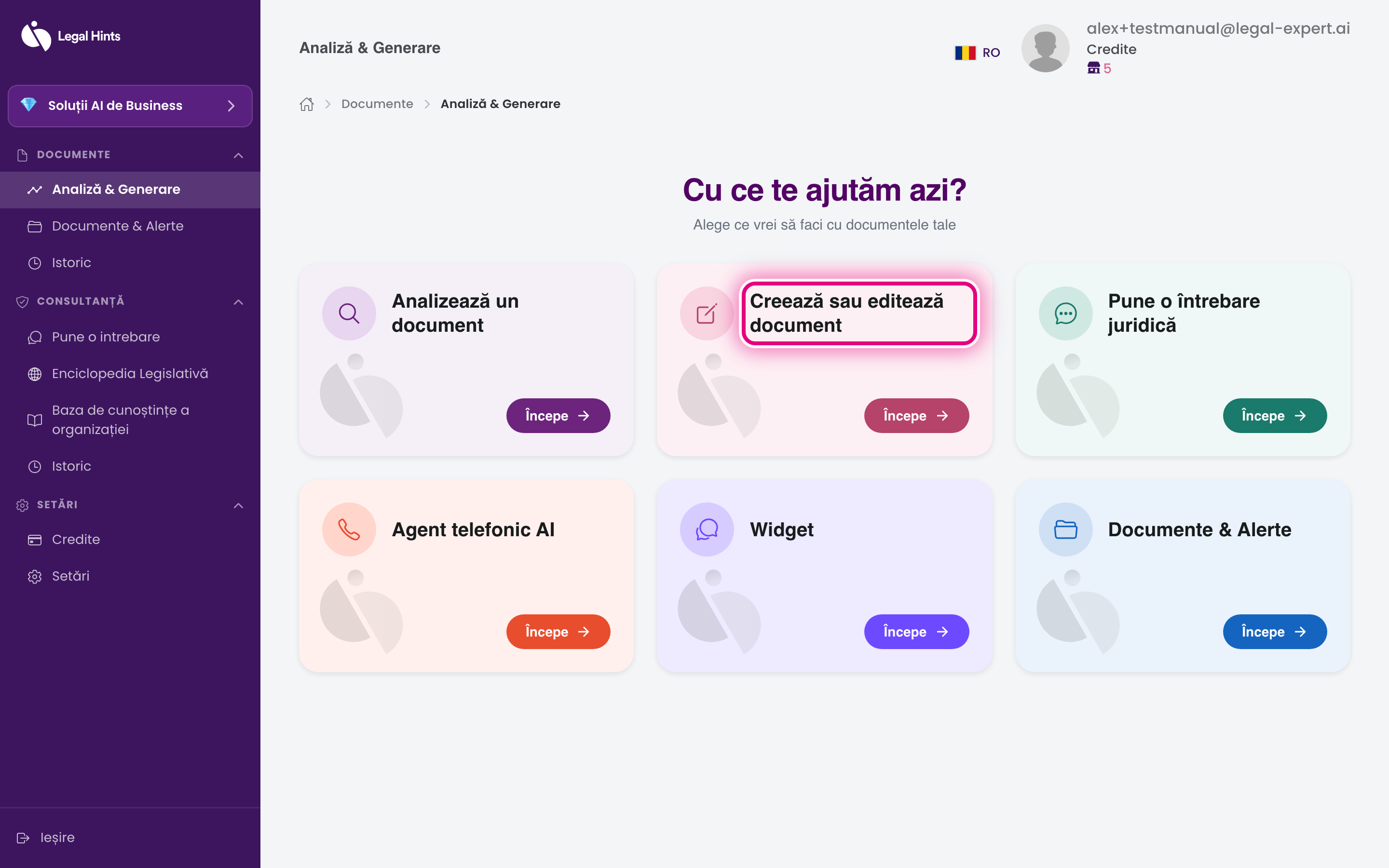 Hub-ul „Analiză & Generare“ cu cardul „Creează sau editează document“ evidențiat