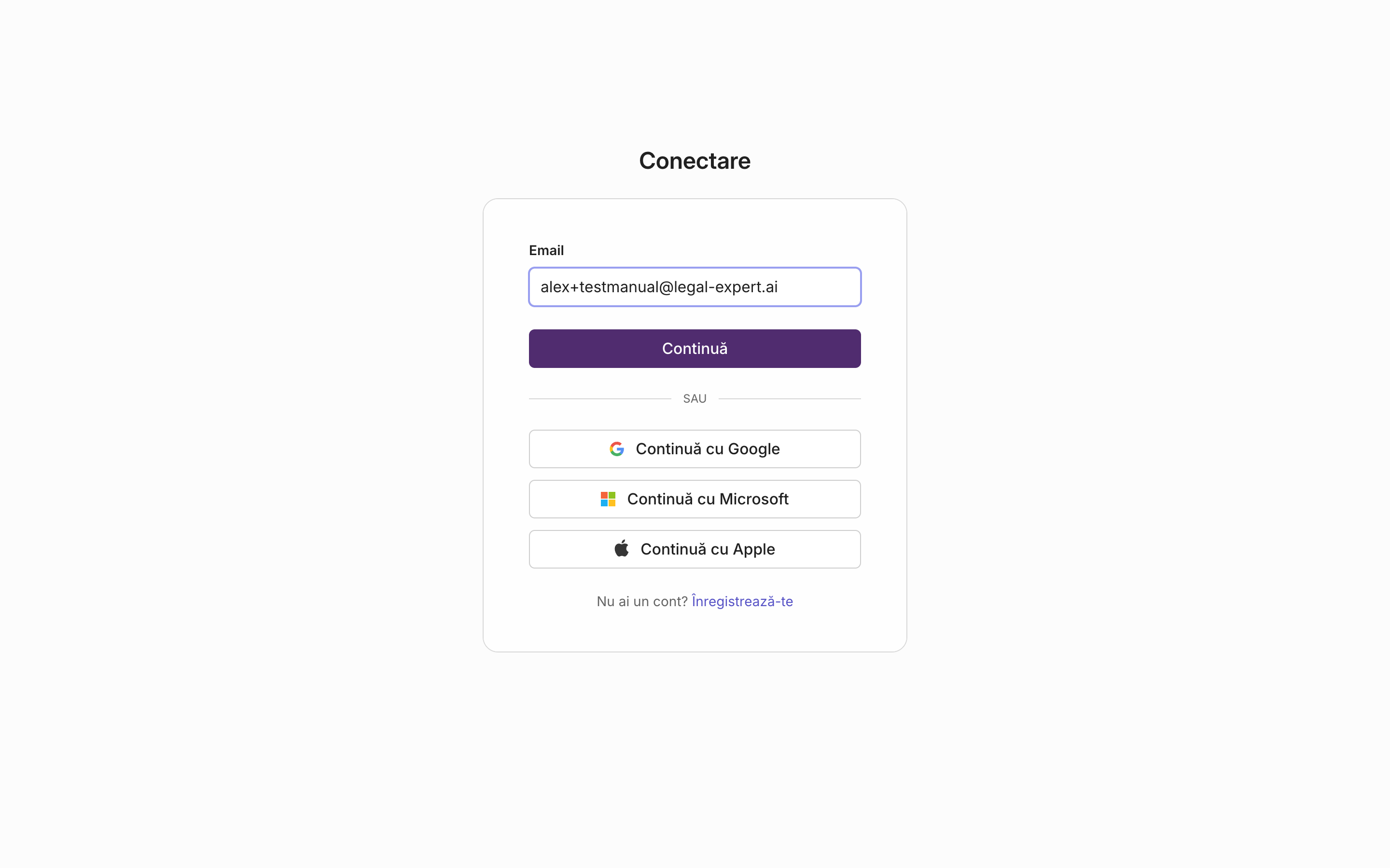 Ecranul de înregistrare cu câmpul de email și butonul „Continuă“
