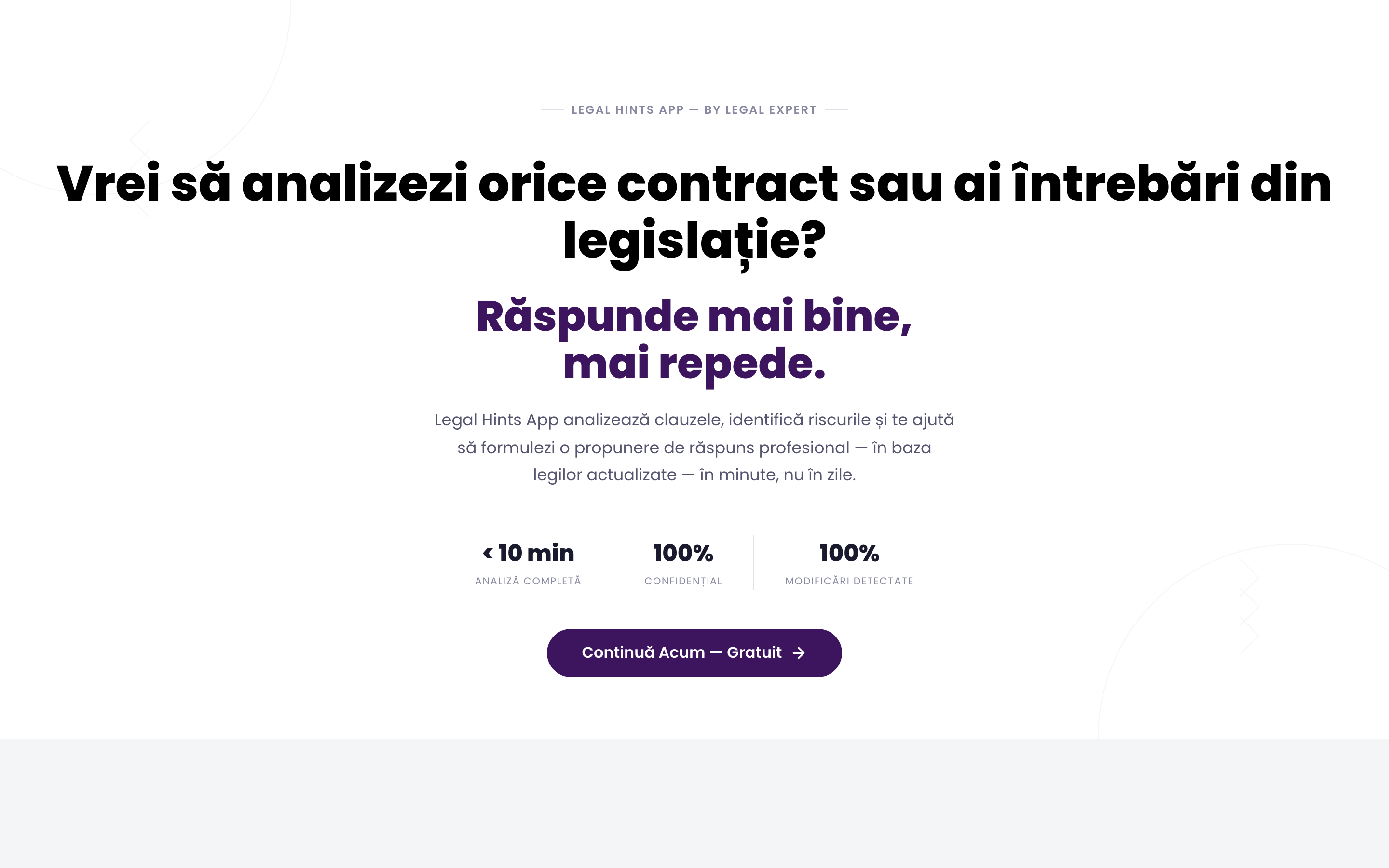 Pagina de start cu butonul „Continuă Acum — Gratuit“
