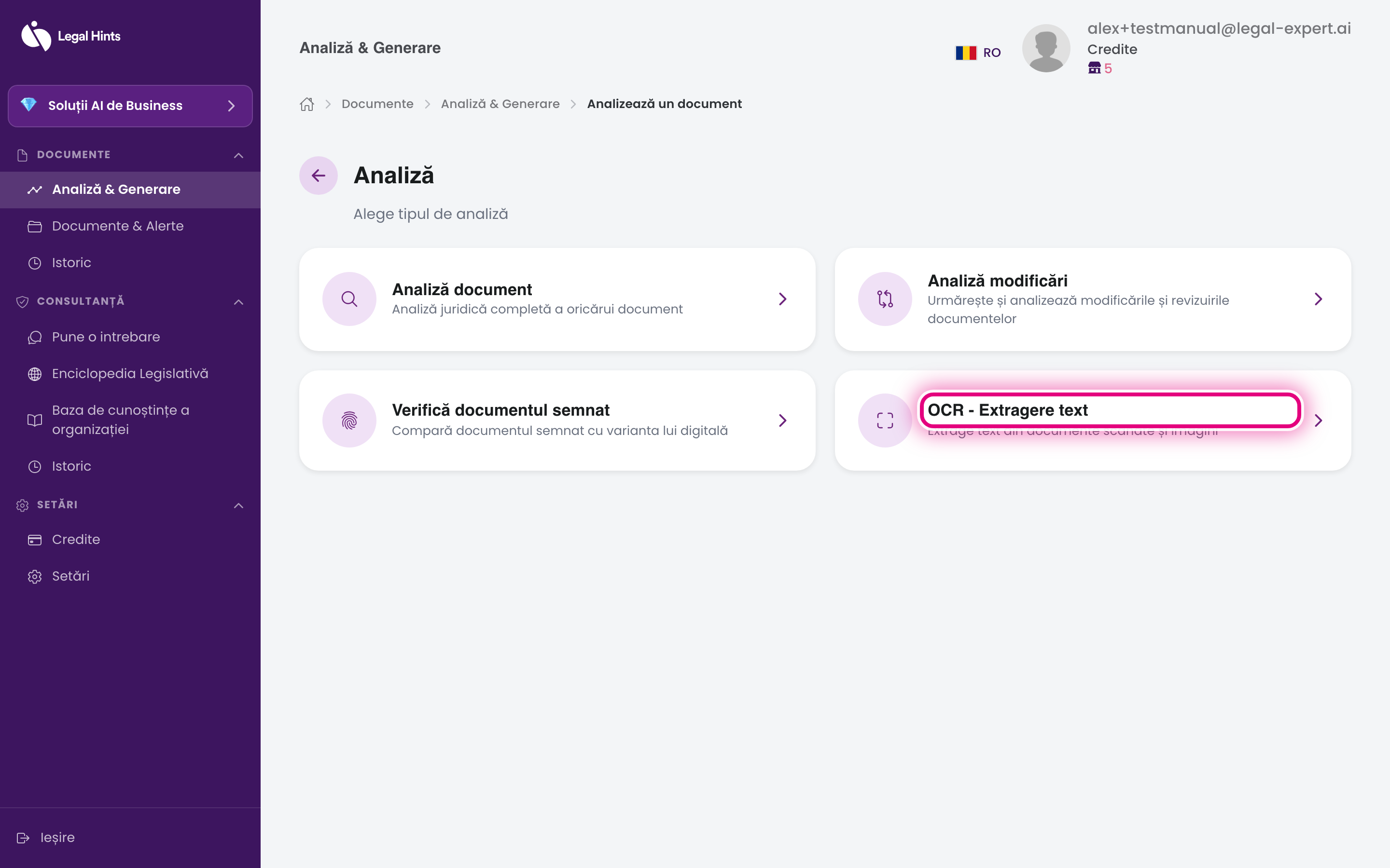 Ecranul de alegere a tipului de analiză, cu opțiunea „OCR - Extragere text“ evidențiată