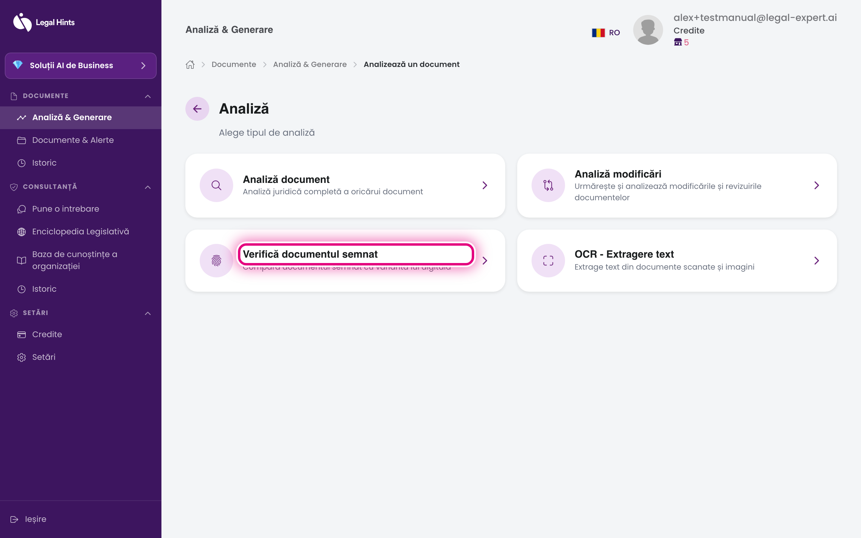 Ecranul de alegere a tipului de analiză, cu opțiunea „Verifică documentul semnat“ evidențiată