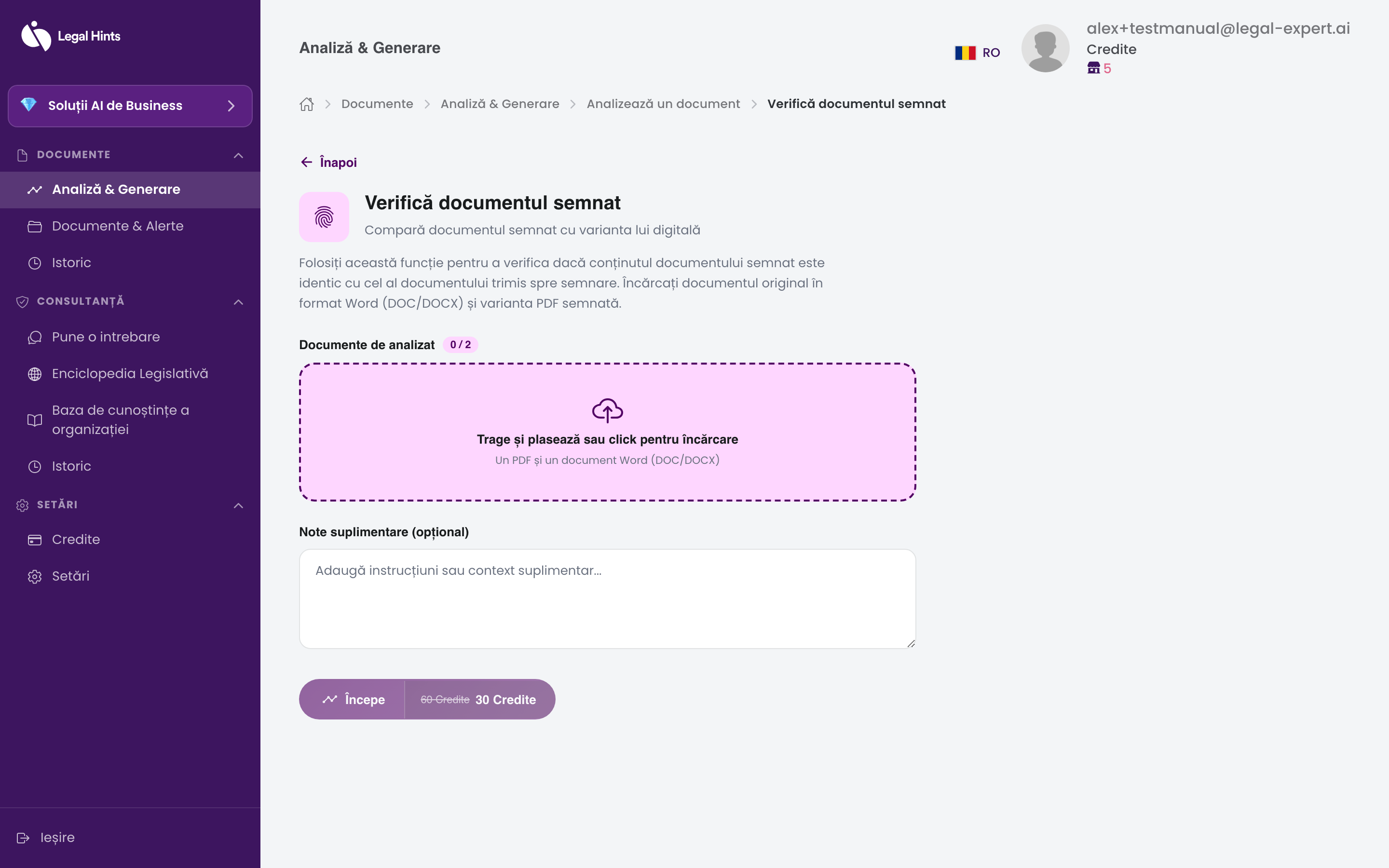 Ecranul de încărcare a documentului semnat pentru verificarea semnăturilor